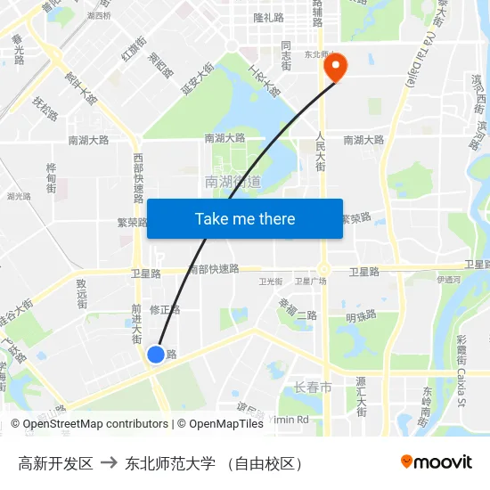 高新开发区 to 东北师范大学 （自由校区） map