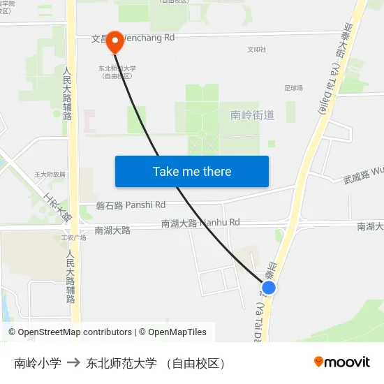 南岭小学 to 东北师范大学 （自由校区） map