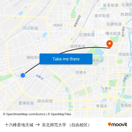 十六峰君地天城 to 东北师范大学 （自由校区） map