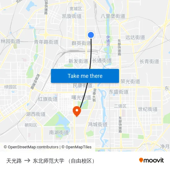 天光路 to 东北师范大学 （自由校区） map