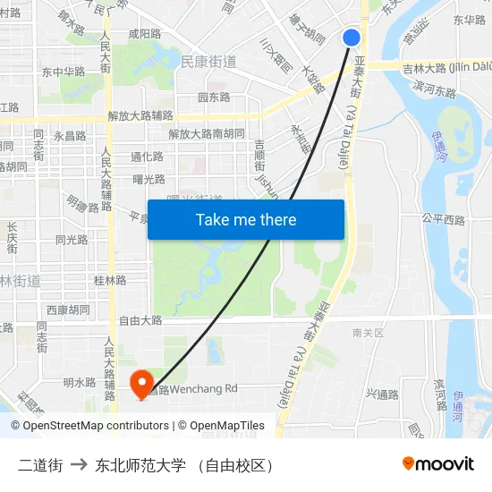 二道街 to 东北师范大学 （自由校区） map