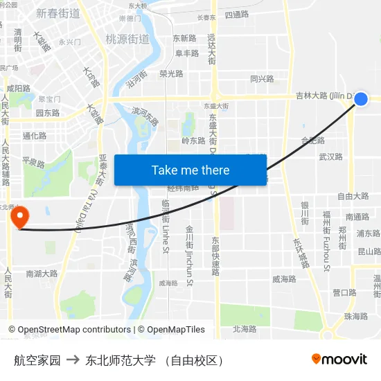 航空家园 to 东北师范大学 （自由校区） map