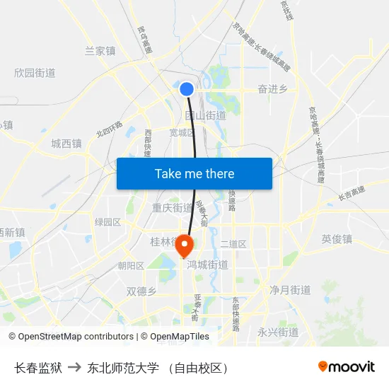 长春监狱 to 东北师范大学 （自由校区） map