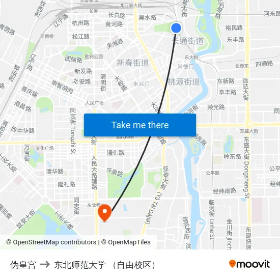 伪皇宫 to 东北师范大学 （自由校区） map