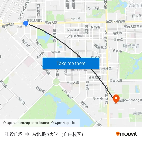 建设广场 to 东北师范大学 （自由校区） map