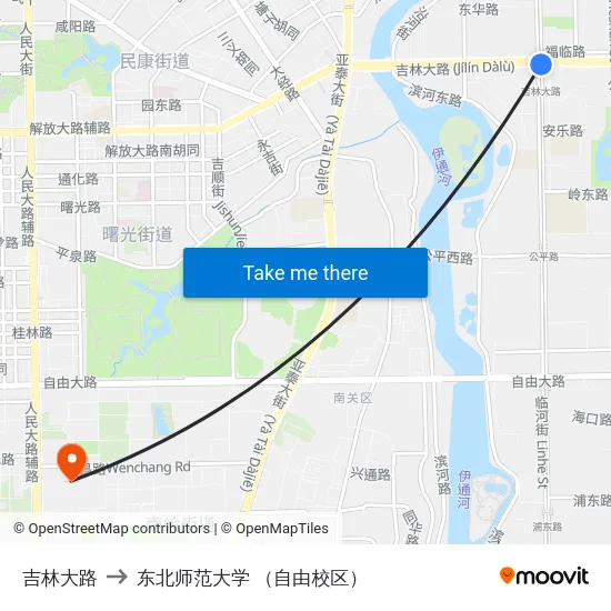 吉林大路 to 东北师范大学 （自由校区） map