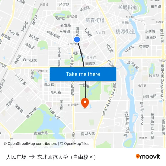 人民广场 to 东北师范大学（自由校区） map