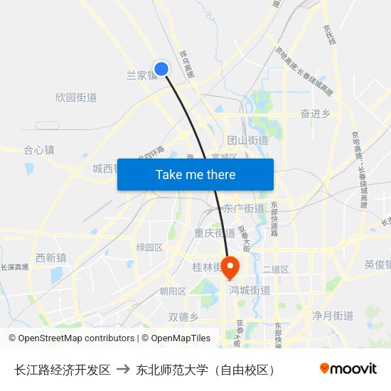 长江路经济开发区 to 东北师范大学（自由校区） map