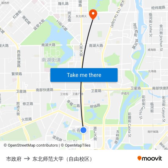 市政府 to 东北师范大学（自由校区） map