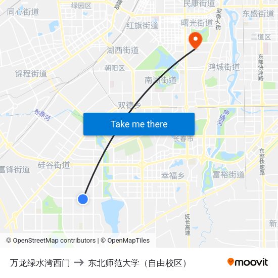 万龙绿水湾西门 to 东北师范大学（自由校区） map