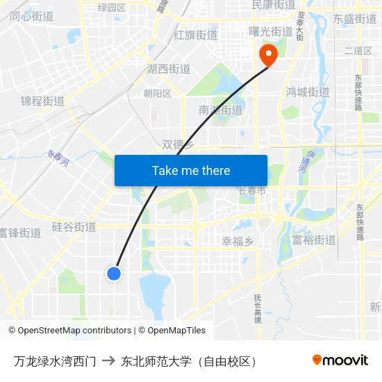 万龙绿水湾西门 to 东北师范大学（自由校区） map