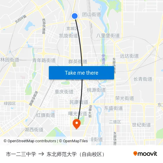 市一二三中学 to 东北师范大学（自由校区） map