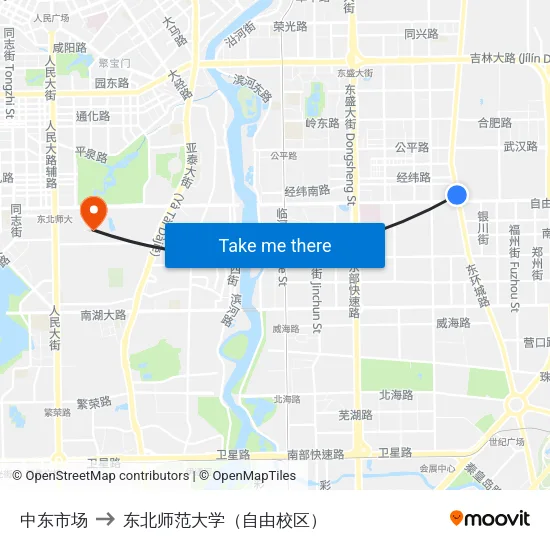 中东市场 to 东北师范大学（自由校区） map