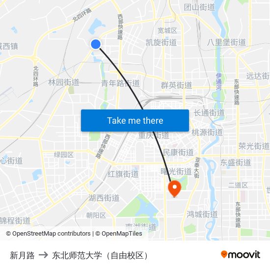 新月路 to 东北师范大学（自由校区） map