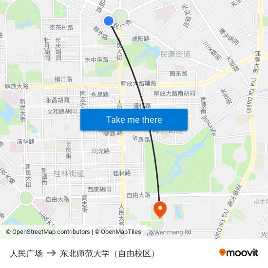 人民广场 to 东北师范大学（自由校区） map