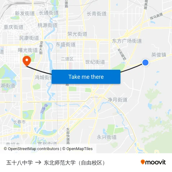 五十八中学 to 东北师范大学（自由校区） map