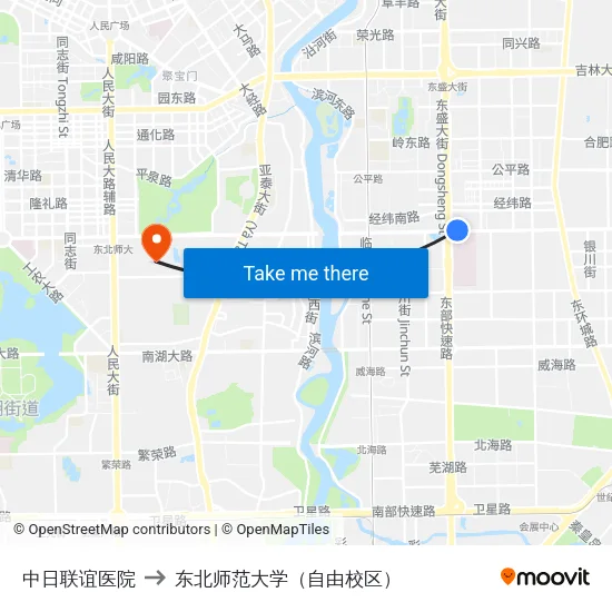 中日联谊医院 to 东北师范大学（自由校区） map
