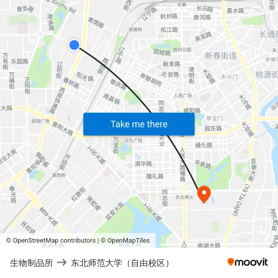 生物制品所 to 东北师范大学（自由校区） map
