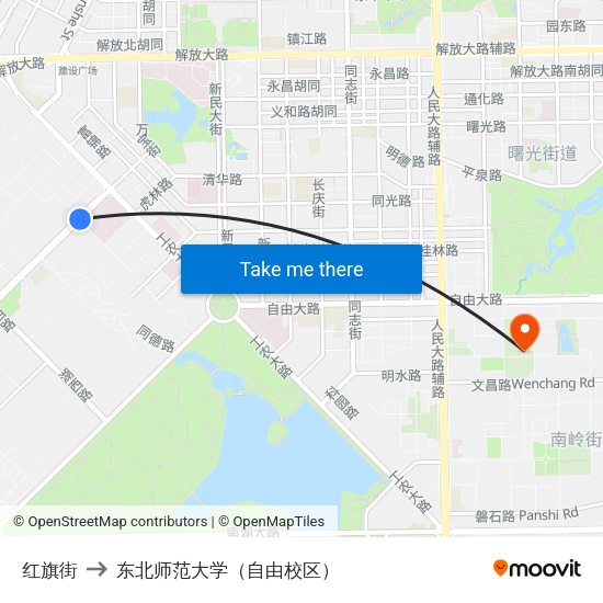红旗街 to 东北师范大学（自由校区） map