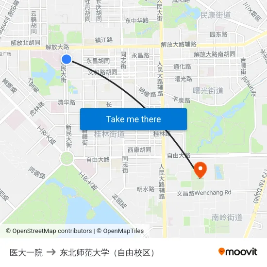 医大一院 to 东北师范大学（自由校区） map