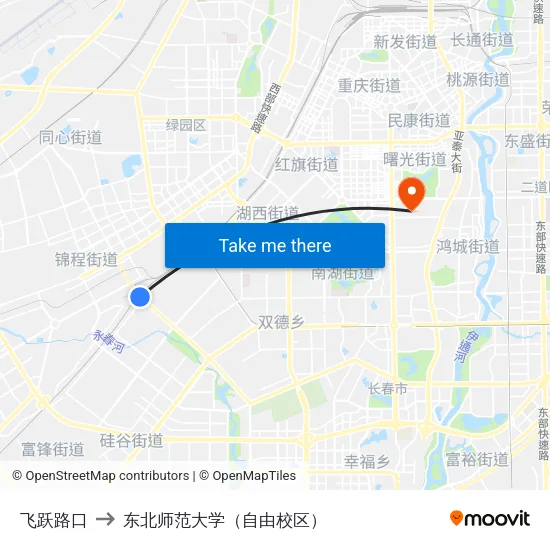 飞跃路口 to 东北师范大学（自由校区） map