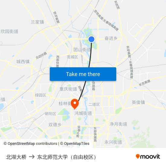 北湖大桥 to 东北师范大学（自由校区） map
