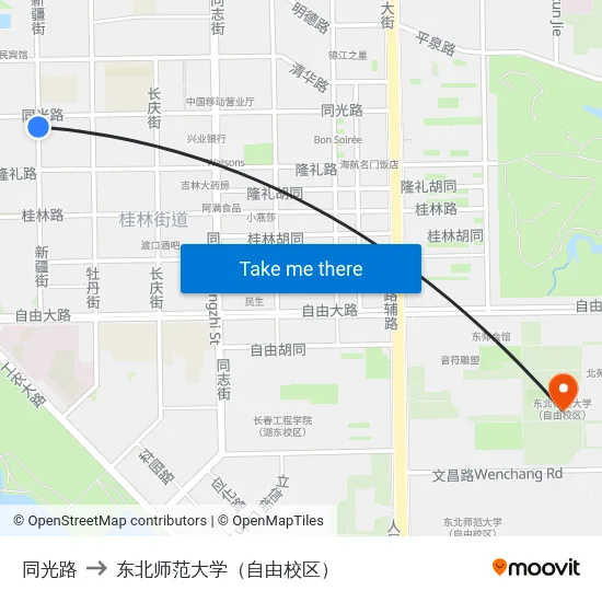 同光路 to 东北师范大学（自由校区） map