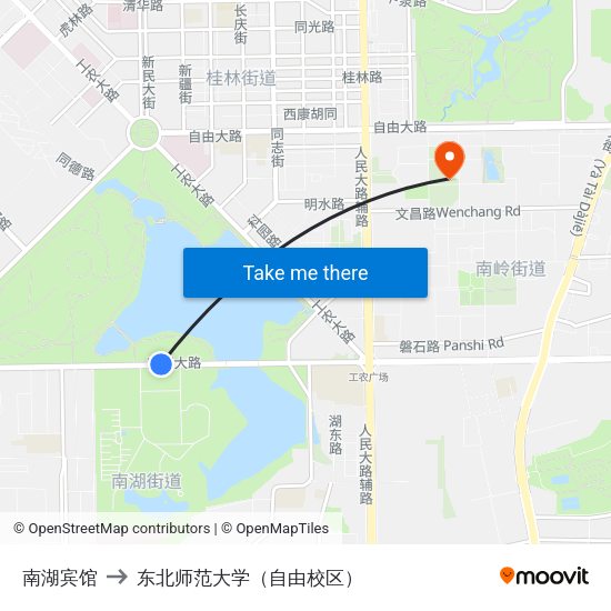 南湖宾馆 to 东北师范大学（自由校区） map