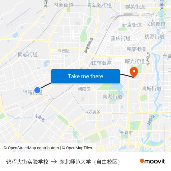 锦程大街实验学校 to 东北师范大学（自由校区） map