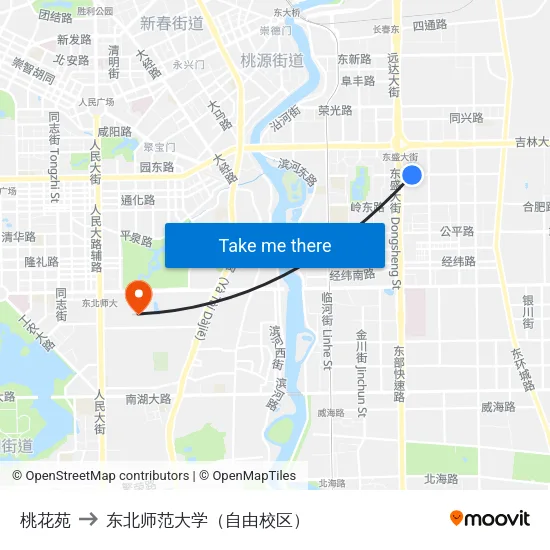 桃花苑 to 东北师范大学（自由校区） map