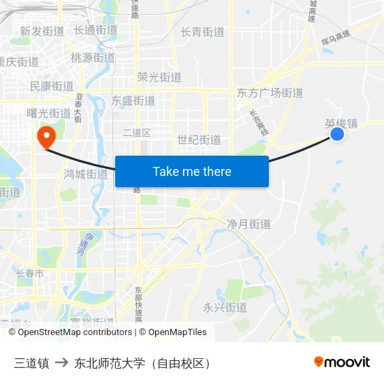 三道镇 to 东北师范大学（自由校区） map