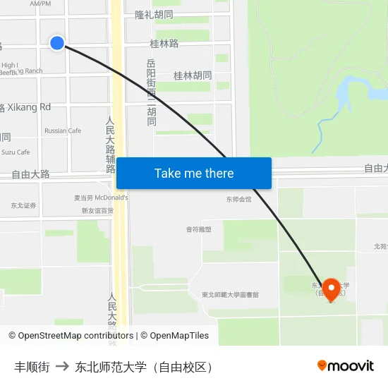 丰顺街 to 东北师范大学（自由校区） map