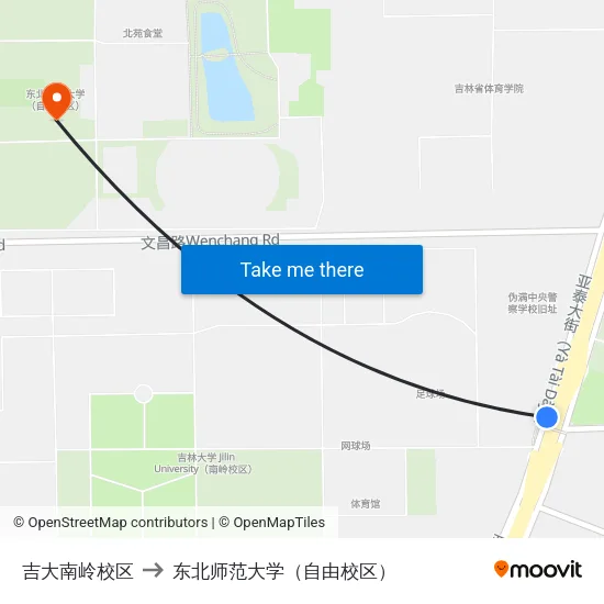 吉大南岭校区 to 东北师范大学（自由校区） map