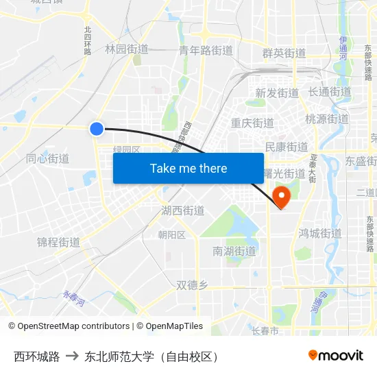 西环城路 to 东北师范大学（自由校区） map