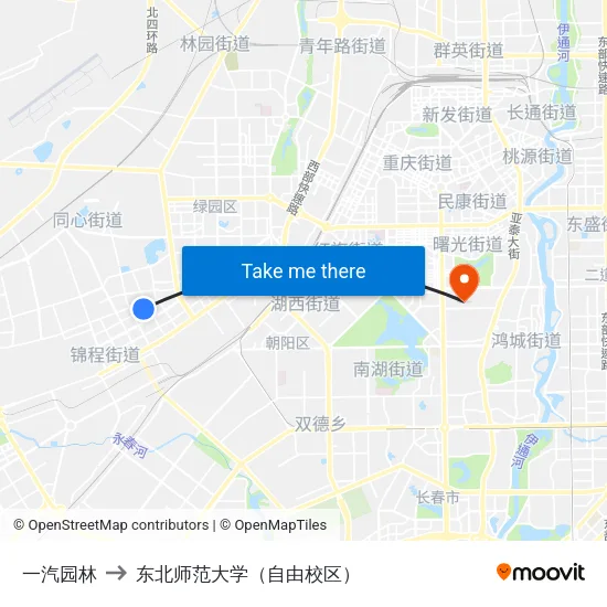 一汽园林 to 东北师范大学（自由校区） map