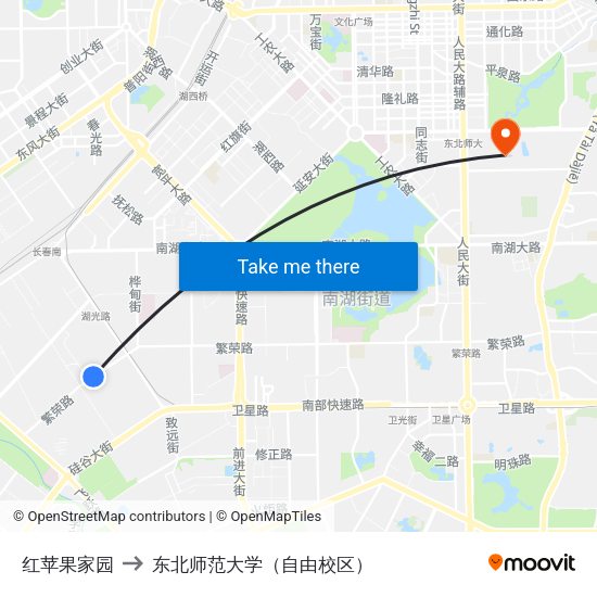 红苹果家园 to 东北师范大学（自由校区） map
