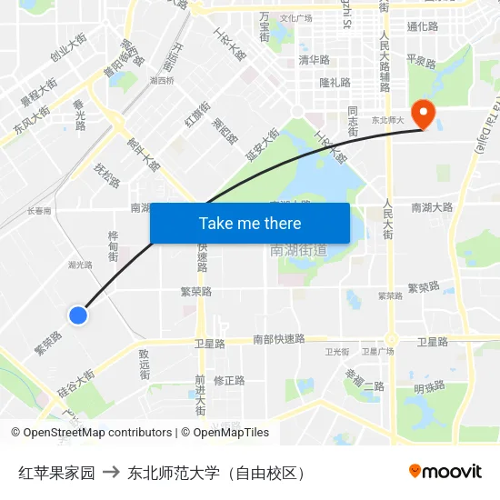 红苹果家园 to 东北师范大学（自由校区） map