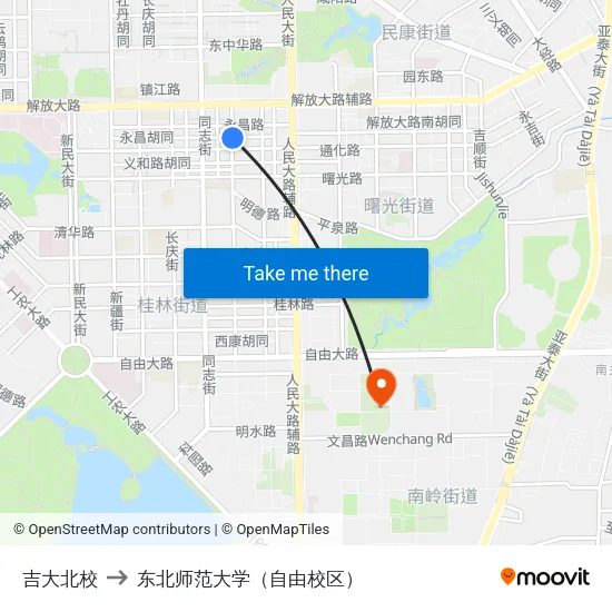 吉大北校 to 东北师范大学（自由校区） map