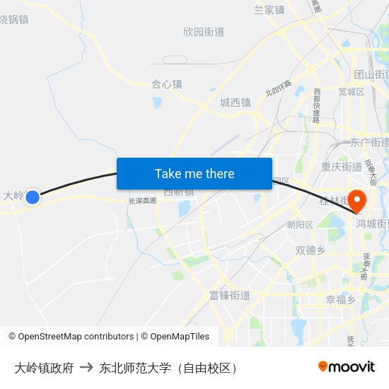 大岭镇政府 to 东北师范大学（自由校区） map