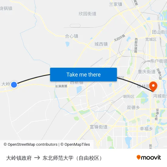 大岭镇政府 to 东北师范大学（自由校区） map