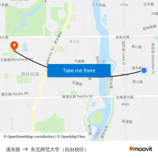 浦东路 to 东北师范大学（自由校区） map