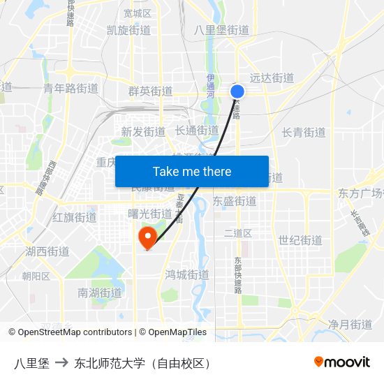 八里堡 to 东北师范大学（自由校区） map