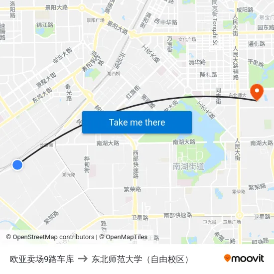 欧亚卖场9路车库 to 东北师范大学（自由校区） map