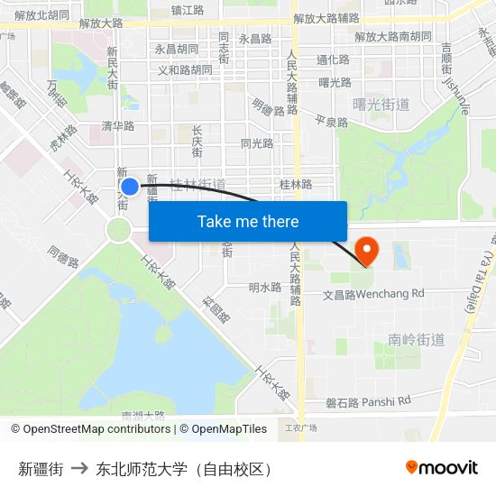 新疆街 to 东北师范大学（自由校区） map