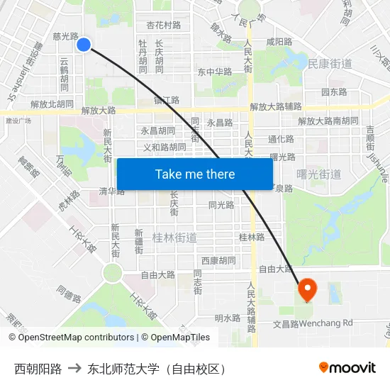 西朝阳路 to 东北师范大学（自由校区） map