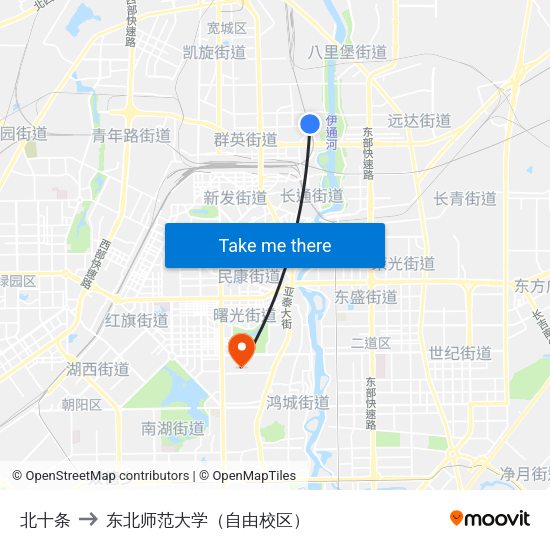北十条 to 东北师范大学（自由校区） map