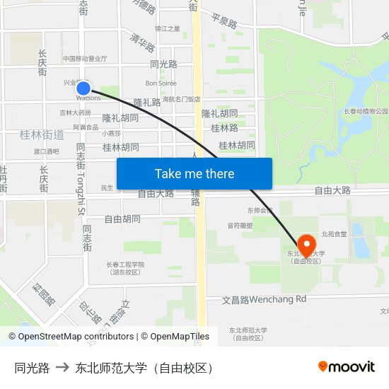 同光路 to 东北师范大学（自由校区） map