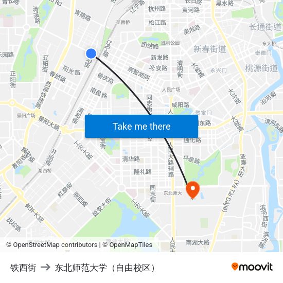 铁西街 to 东北师范大学（自由校区） map