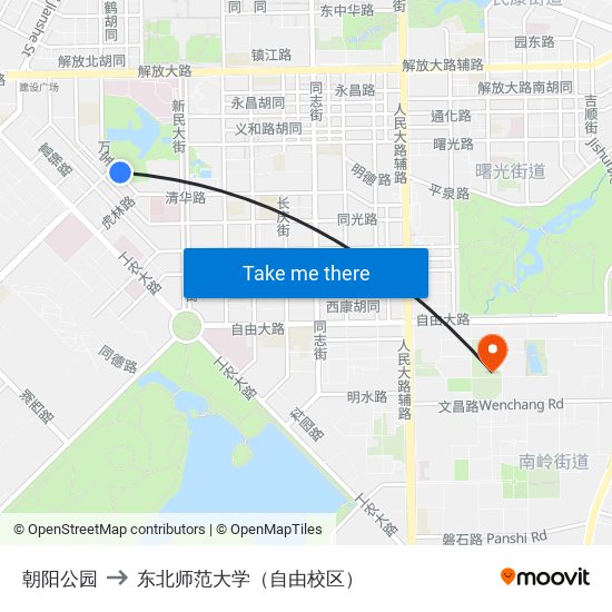 朝阳公园 to 东北师范大学（自由校区） map