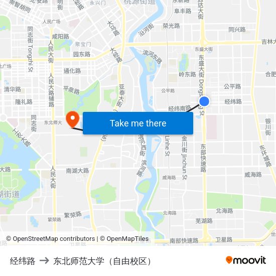 经纬路 to 东北师范大学（自由校区） map